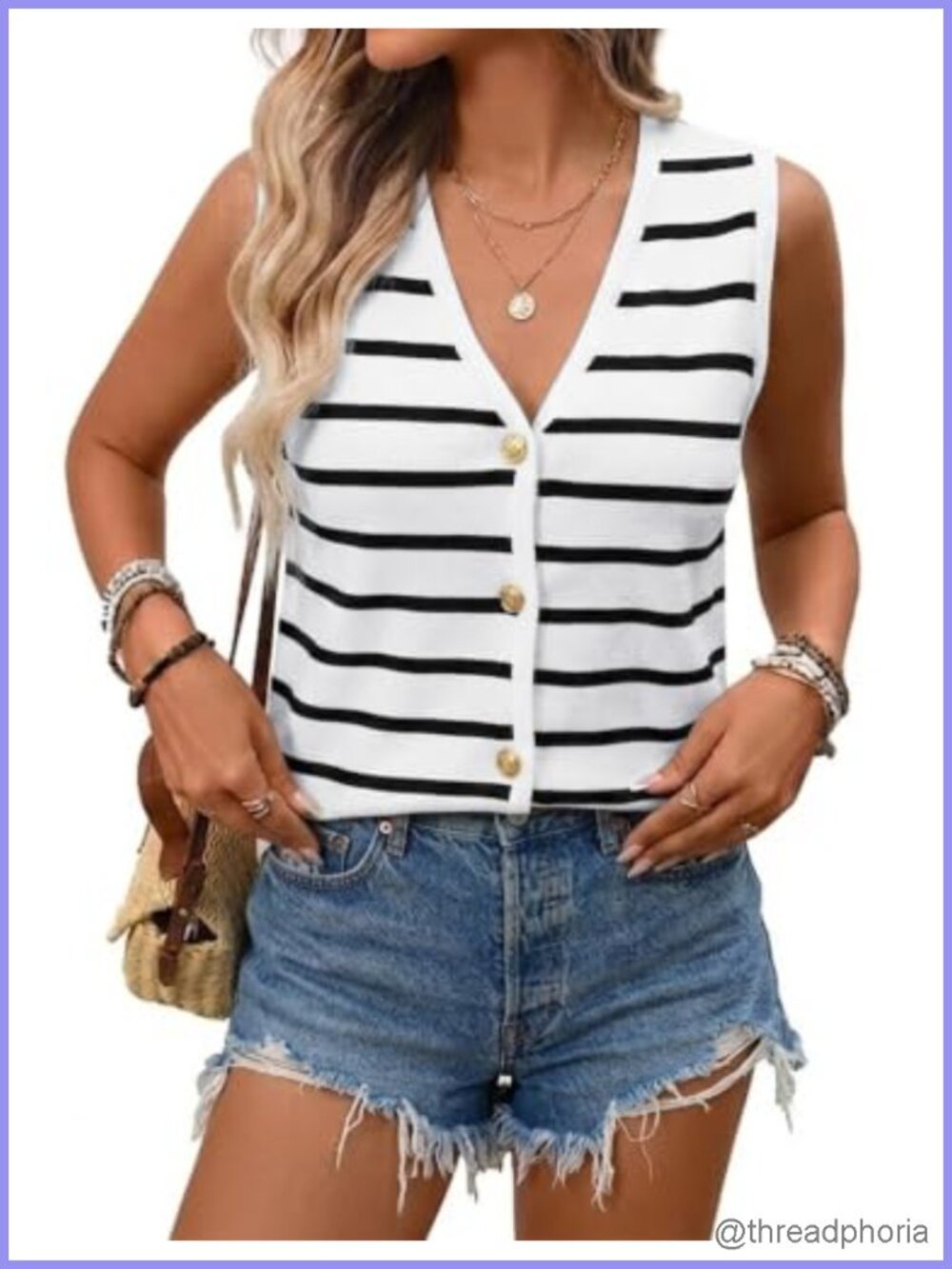 Women's Striped Knit Sweater Vest Sleeveless V-Neck Casual Top